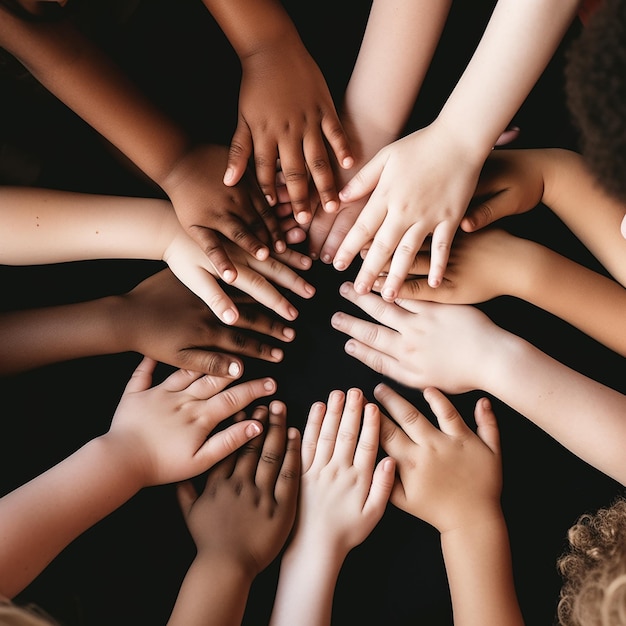 Group of children's hands in a circle on a black background peace and friendship concept