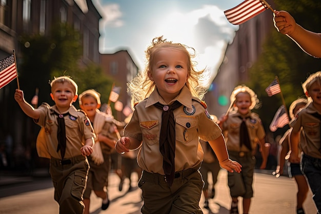 A group of children in scout uniforms marching down a street