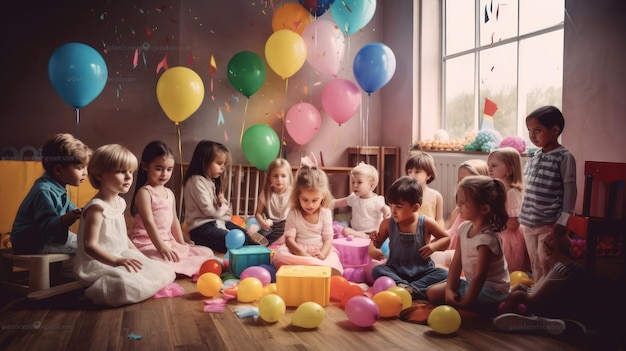 A group of children sit around a table with balloons and balloons on the wall.