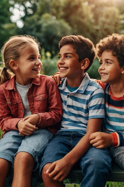 a group of children sit on a bench and smile for the camera