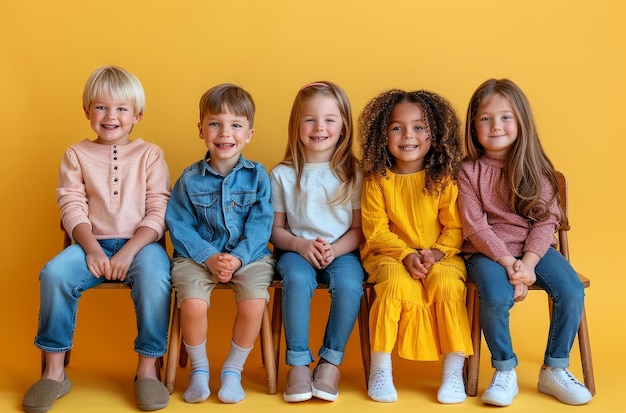 Photo a group of children sit on a chair with the word  happy  on the back