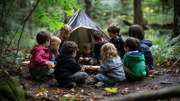 Photo a group of children sit in a circle around a small tent in a forest