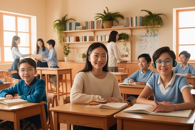 a group of children sit in a classroom with a teacher and a book called quot the school quot