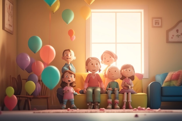 A group of children sit on a couch with balloons in the background.