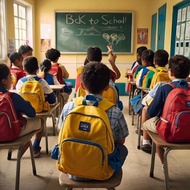 a group of children sit at a desk with a chalkboard that says quot back to school quot