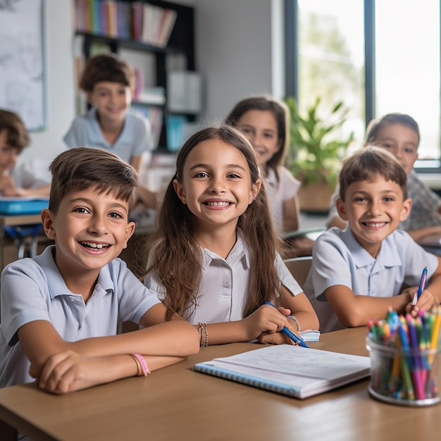 a group of children sit at a desk with the word quot on it