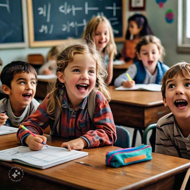 a group of children sit at a desk with the word quot on it