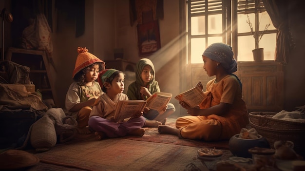 A group of children sit on the floor in a room reading books.