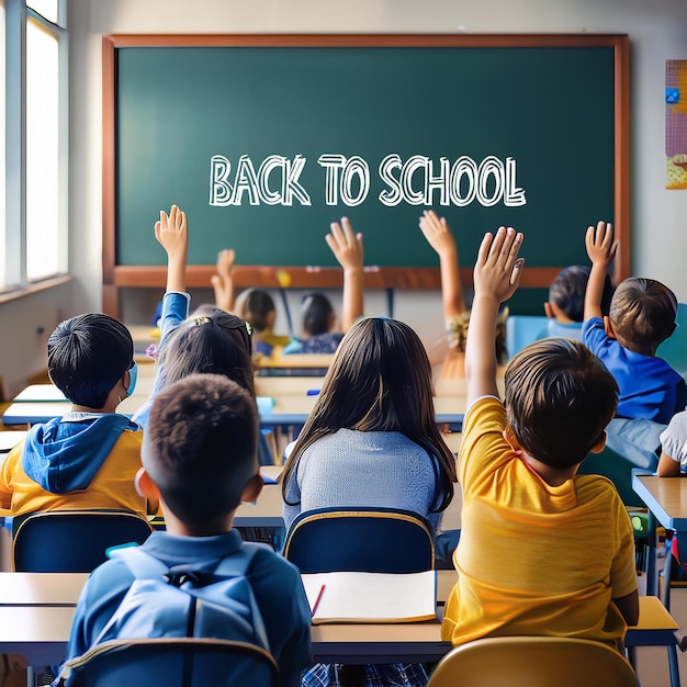 a group of children sit in front of a chalkboard that says back to school