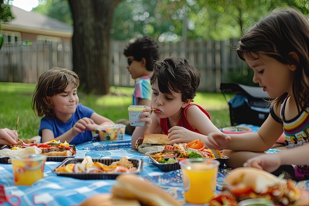 A group of children sitting around a table eating food