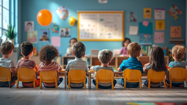 A group of children sitting in a classroom facing their teacher