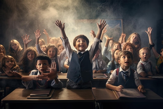 A group of children sitting at desks with their hands in the air