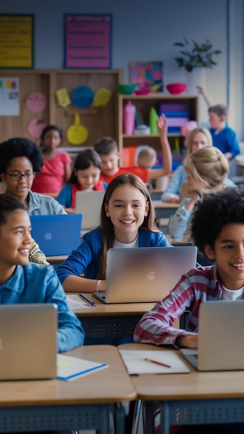 Group of children sitting in school classroom with laptops on desk talking with each other studyi