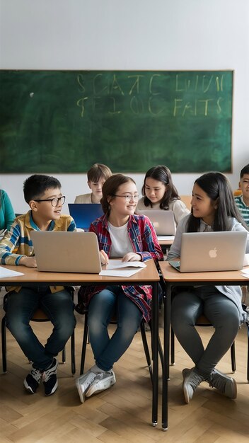 Group of children sitting in school classroom with laptops on desk talking with each other studyi