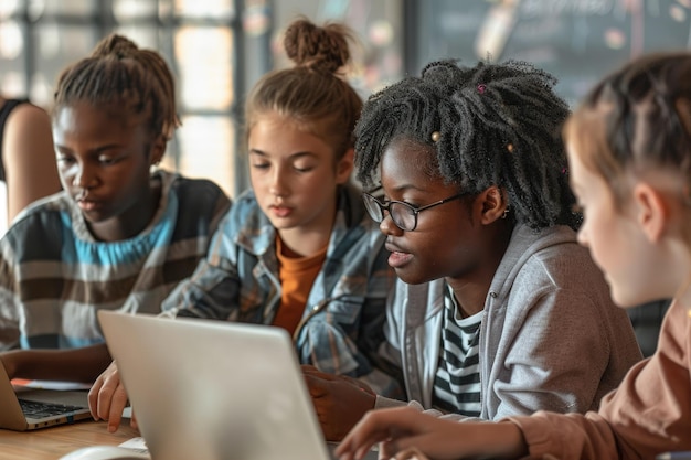 A group of children sitting at a table with a laptop