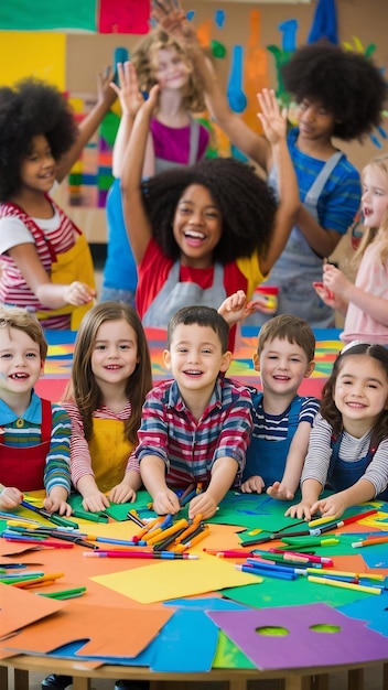 Group of children sitting at a table with markers crayons and colored cardboard