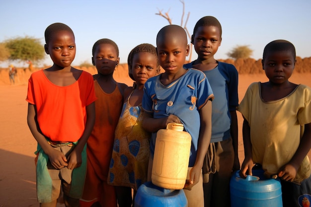 A group of children stand in front of a blue container with the word okavango on it.