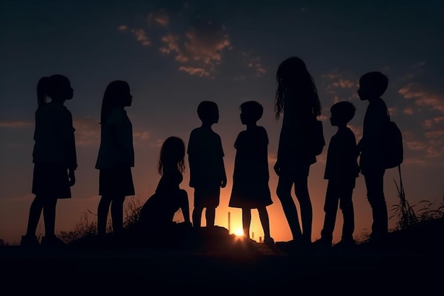 A group of children stand in front of a sunset.