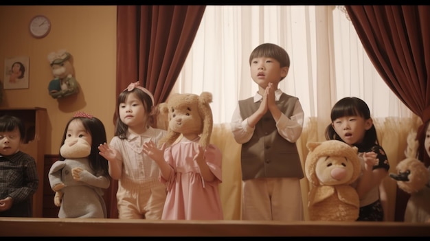 A group of children stand in front of a window with a teddy bear on it.