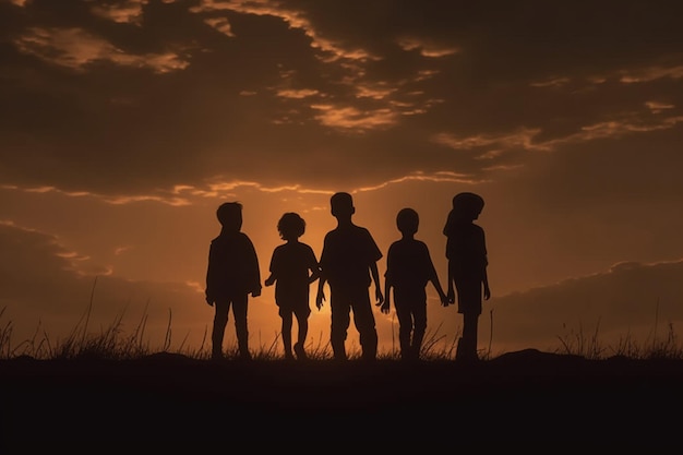 A group of children stand in a line in front of a sunset.