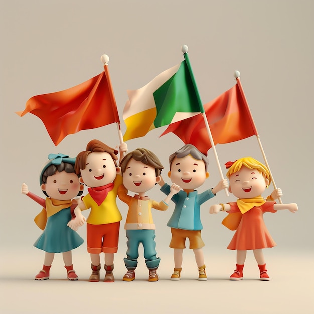 a group of children standing next to flags that say  the little boy