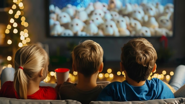 Group of children of varying ages sitting on a couch together focused on watching television