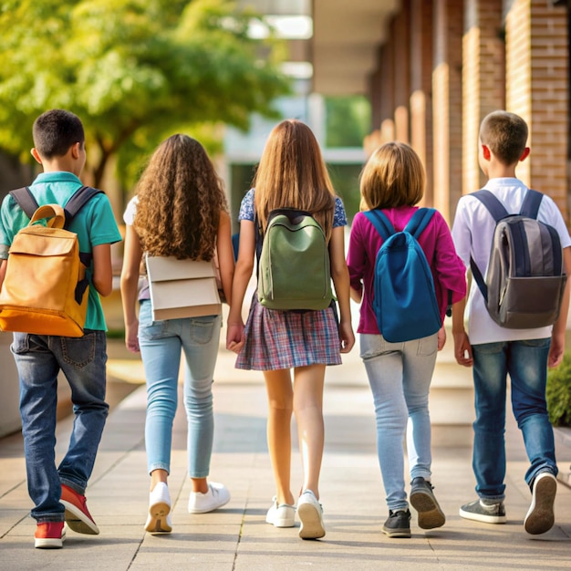 a group of children walking down a sidewalk with backpacks