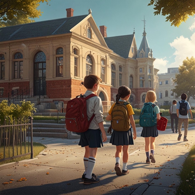 a group of children walking down a sidewalk with a school backpack