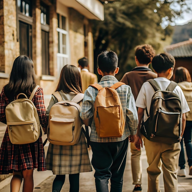 a group of children walking down a street with one wearing a backpack