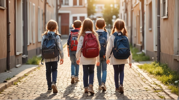 a group of children walking down a street with their backpacks