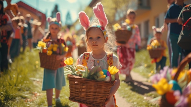 A group of children wearing bunny ears are carrying baskets of easter eggs aige