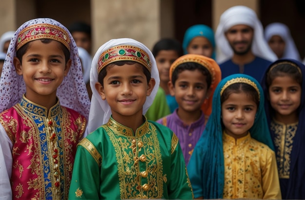 a group of children wearing colorful clothing with the word hija on the top