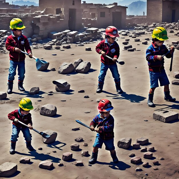 A group of children wearing hard hats and hard hats are working on a construction site AI generated