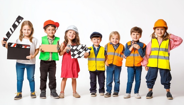 a group of children wearing vests and vests stand in a row with one holding a piece of paper