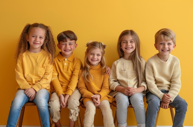 Photo a group of children wearing yellow shirts sit on a yellow wall