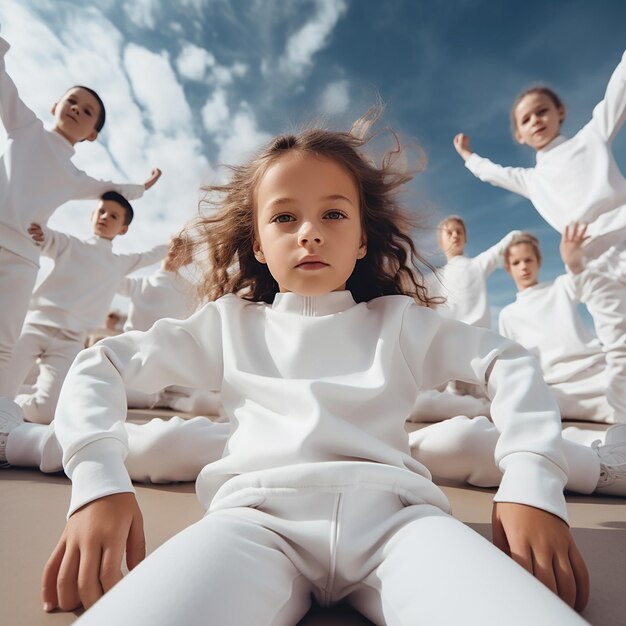 a group of children in white uniforms are standing in a row with their arms raised in the air.