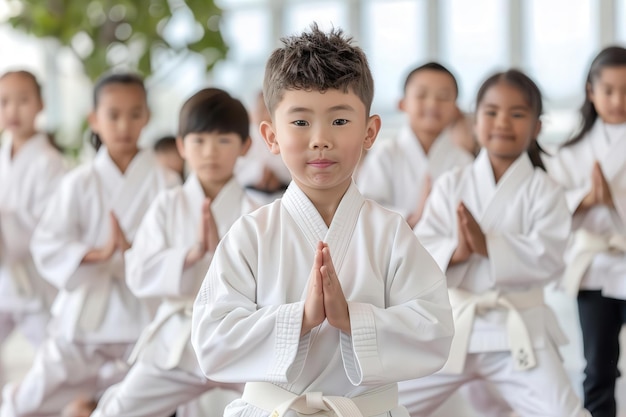 A group of children in white uniforms practicing martial arts together in a bright airy room