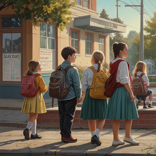 a group of children with backpacks are standing outside of a building