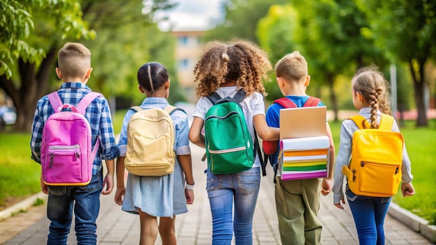 a group of children with backpacks and a backpack with a backpack on it