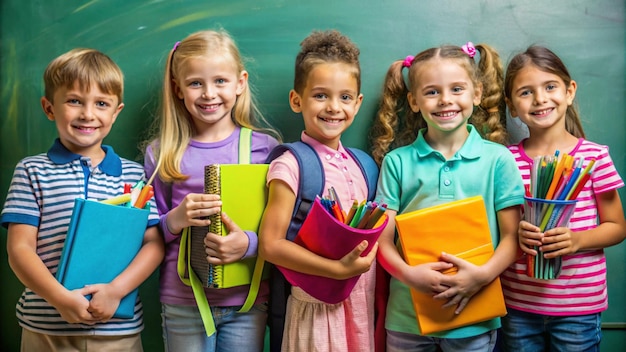 Photo a group of children with backpacks and books in front of a green board