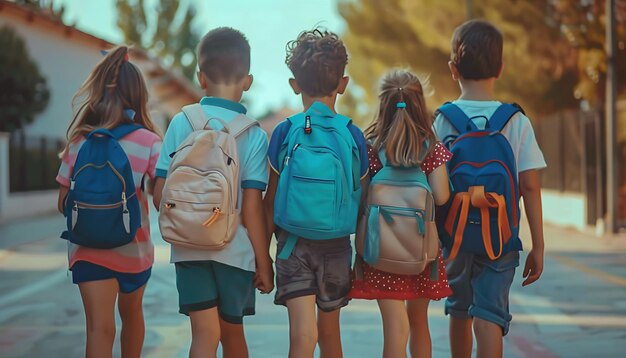 a group of children with backpacks that say  the word  on the back