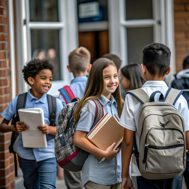 a group of children with backpacks walk down a hallway