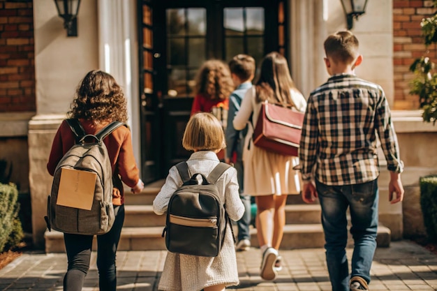 a group of children with backpacks walk down a sidewalk