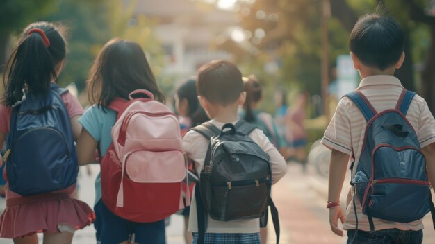 Group of children with backpacks walking to school