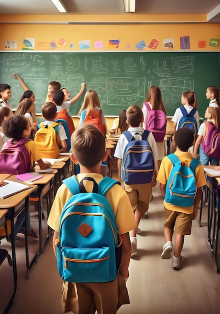 a group of children with a blue backpack that says quot children quot