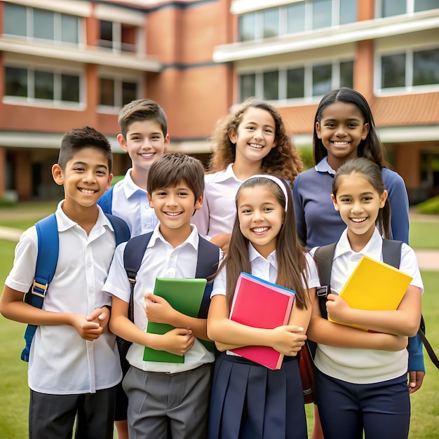 a group of children with books and folders that say quot school quot