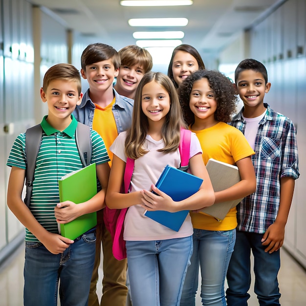 a group of children with books in a hallway