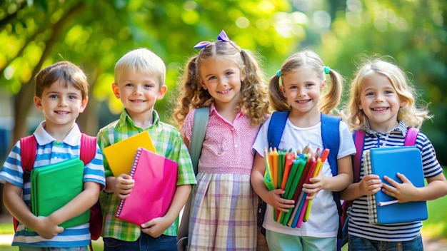 Photo a group of children with books and one of them has a purple bow on her head