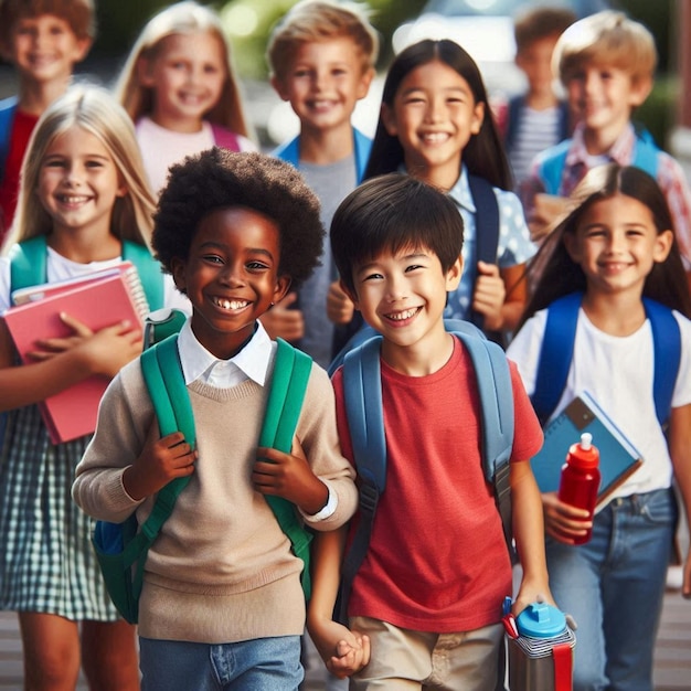 a group of children with books and a picture of a school