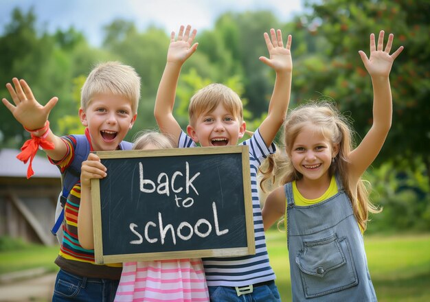 Photo a group of children with a chalkboard that says back to school